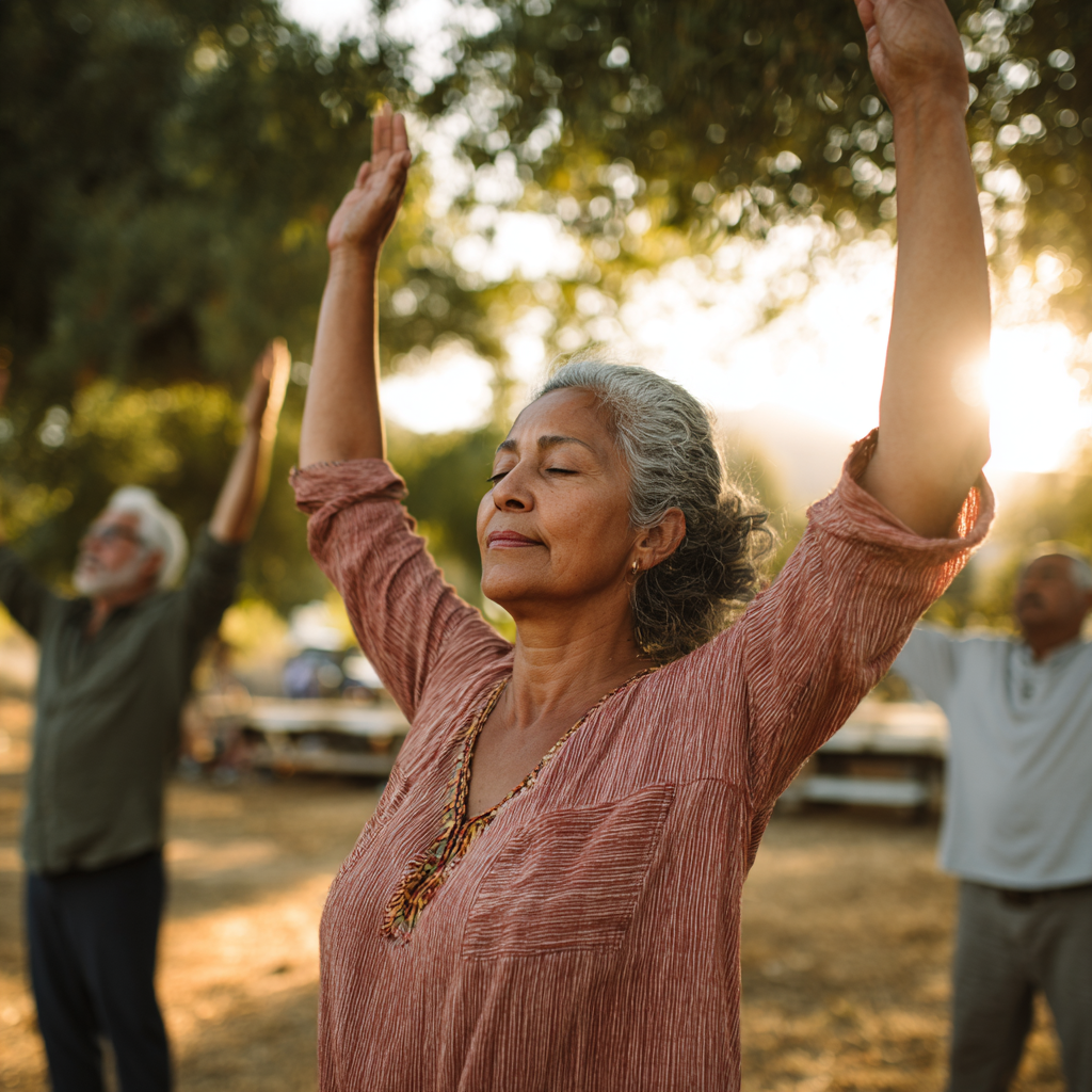 Middle-aged adults practicing gentle movement exercises in natural outdoor setting